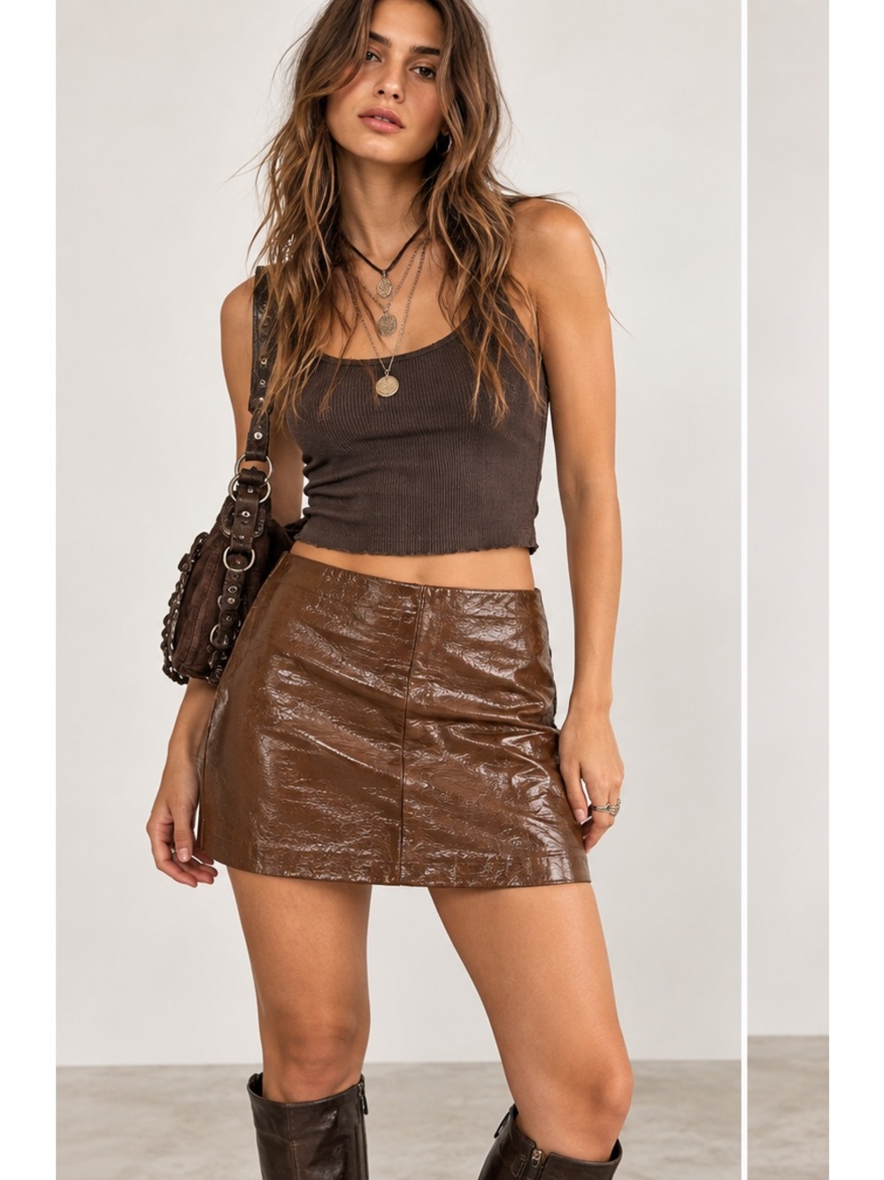 Francesca’s Brown Faux Leather Mini Y2K Grunge 90’s Indie Sleaze Skirt Medium